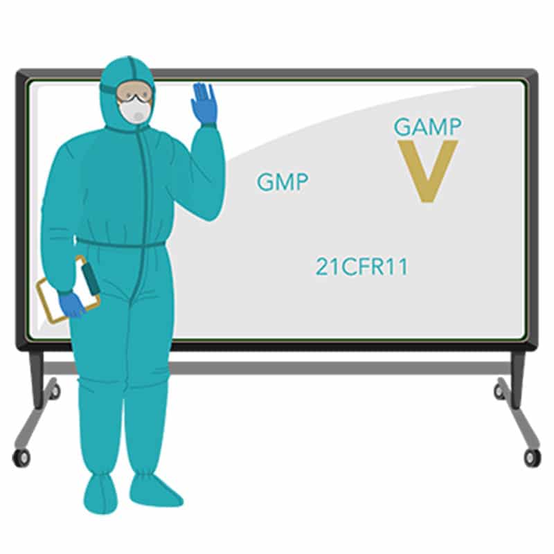 An illustration of a person in a bunny suit in front of a white board