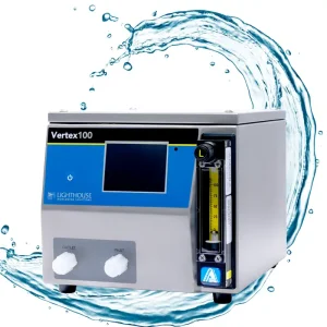 Vertex100 liquid particle counter surrounded by a circular water splash.