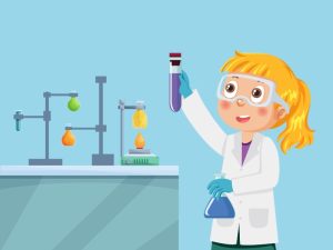 An illustration of a female chemist working in a lab.