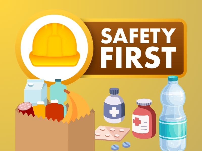 An illustration saying "safety first" above a number of different consumer products